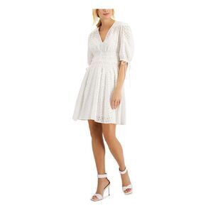 TAYLOR PETITE Womens White Tie Lined Pullover Elbow Sleeve Dress Petites 8P